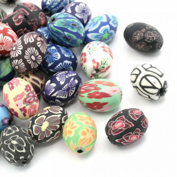 10 Perlen aus Polymer Clay Ton 17x13mm Blumen Muster Fädelloch 2mm oval beads
