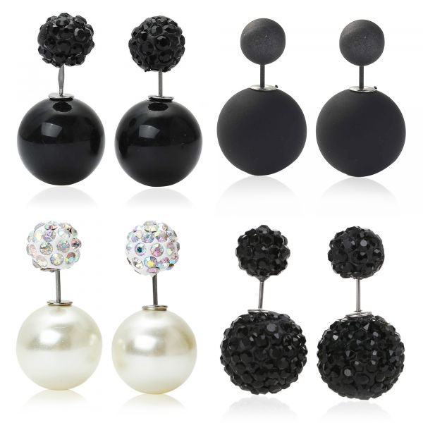 Doppel Kugel Ohrringe 16mm weiß schwarz Perlen Strass Gummi Ohrstecker Double