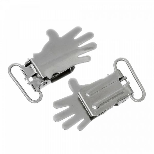 5 Hand Clips 4,3x2,3cm silber Schnullerkettenclip Hosenträger Handform Klemme