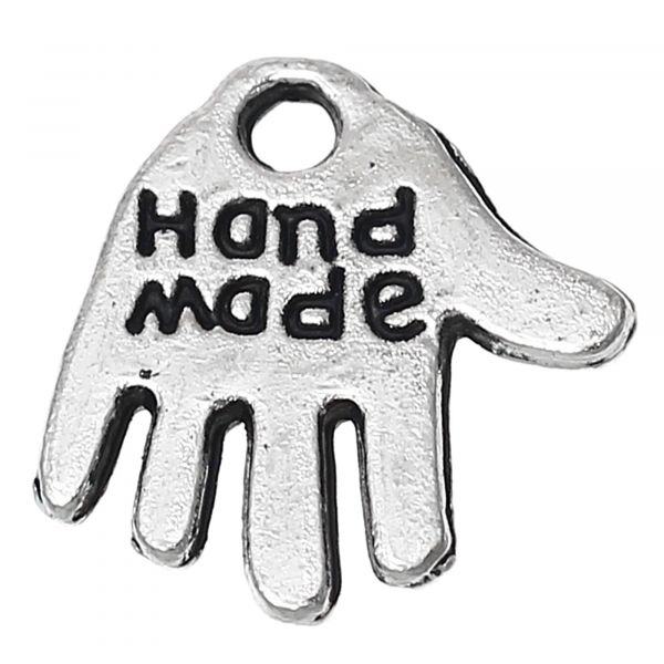 50 Anhänger "Handmade" 13mm silber Metall Hand charms Metallperlen handgemacht