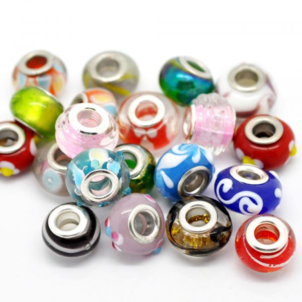 40 Lampwork European Beads im Farben Mix bunt silber Großloch Modul Glasperlen