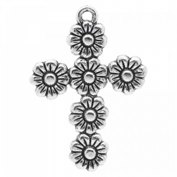 Kreuz Anhänger aus 6 Blumen 37x26mm Muster silber cross Rosenkranz Kette charm