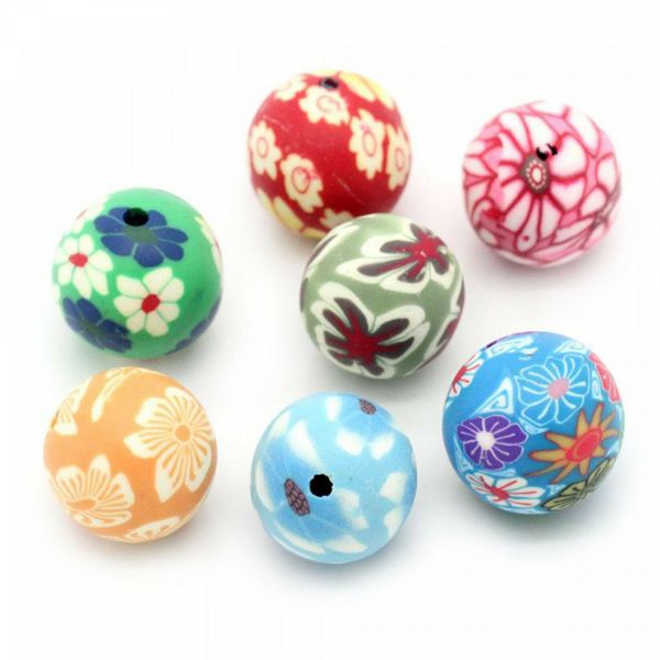 10 Perlen aus Polymer Clay Ton 12-13mm Blumen Muster Fädelloch 2mm Kugel rund